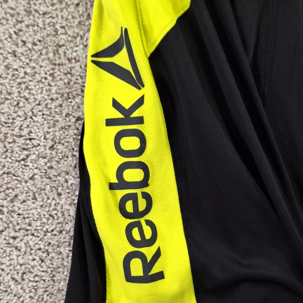 Reebok Athletic Shorts Mens Large Black Neon Yellow Logo Drawstring Gym